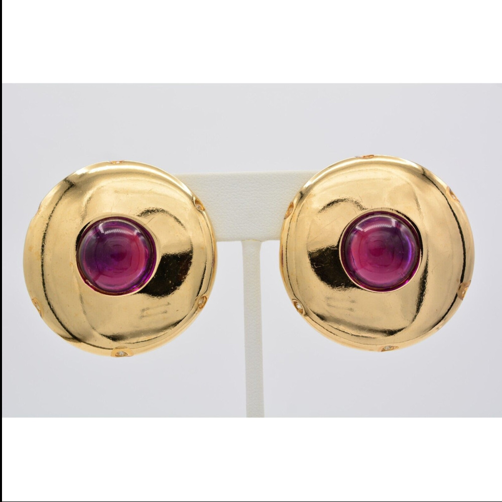 Givenchy Vintage Large Purple Cabochon Clip On Earrings Chunky Signed 1980s Bin7